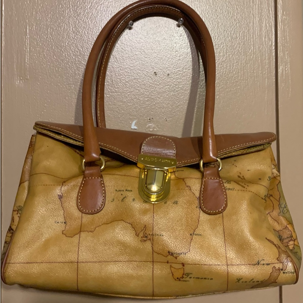 Alviero Martini Tan and Brown Map Print Tote Bag
